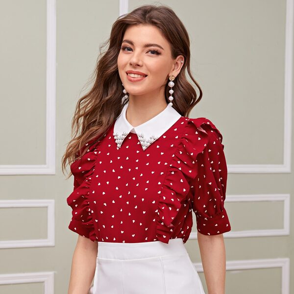 

Contrast Pearl Beaded Collar Ruffle Trim Heart Top, Burgundy