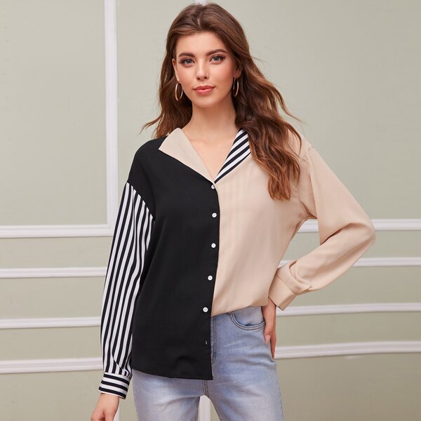

Collared Striped Colorblock Blouse, Multicolor