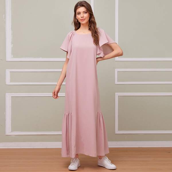 

Flutter Sleeve Ruffle Hem Solid Dress, Dusty pink