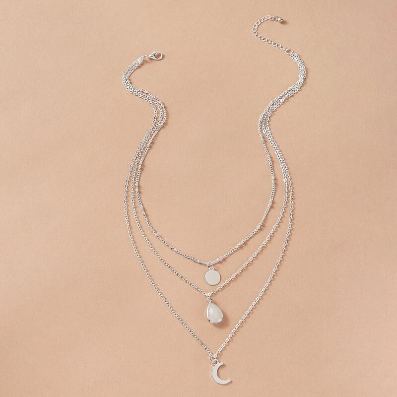 

1pc Disc & Moon Charm Layered Necklace, Silver