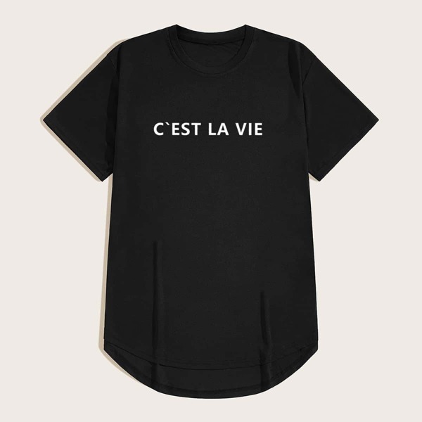 

Men Slogan Graphic Dip Hem Tee, Black