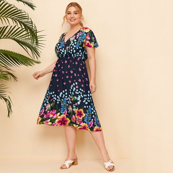 

Plus Floral Surplice Front Flutter Sleeve A-line Dress, Multicolor