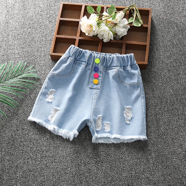 

Toddler Girls Button Front Ripped Raw Hem Denim Shorts, Light wash