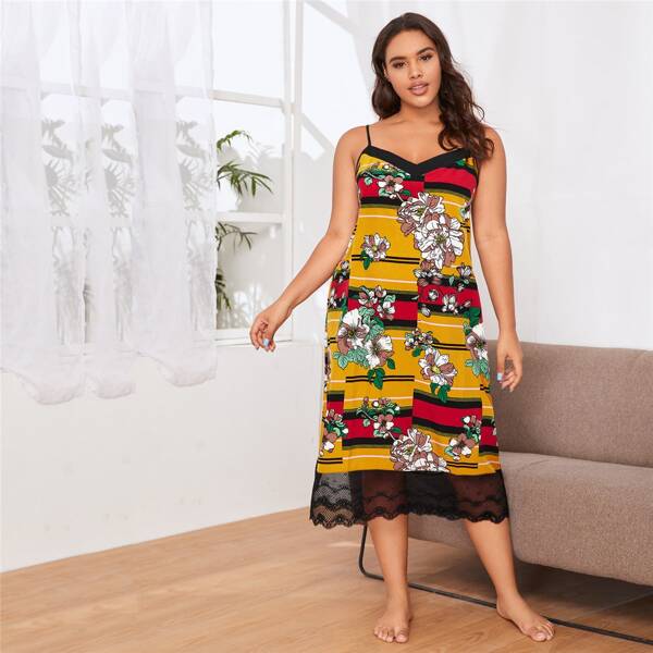 

Plus Striped & Floral Print Lace Hem Cami Night Dress, Multicolor