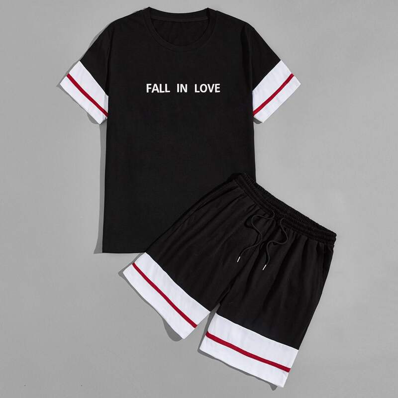 

Guys Slogan Graphic Contrast Panel Tee With Shorts, Black