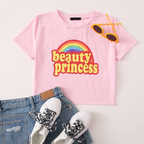 

Letter & Rainbow Print Crop Tee, Dusty pink