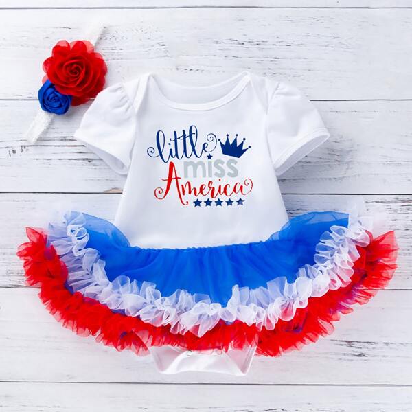 

Baby Girl Independence Day Print Mesh Panel Bodysuit With Headband, Multicolor