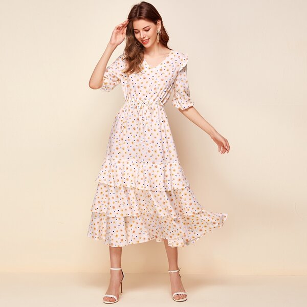 

Floral Print Polka Dot Tiered Layer Dress, Beige