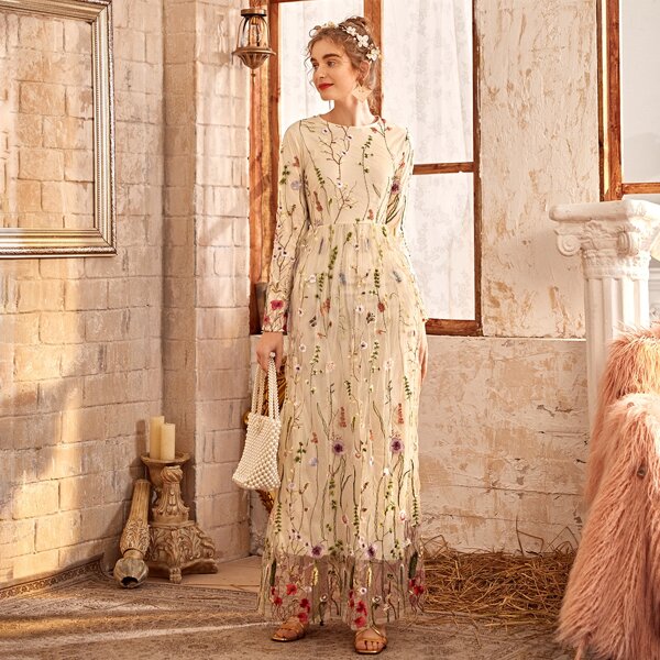 

Floral Embroidered Mesh Overlay Dress, Apricot