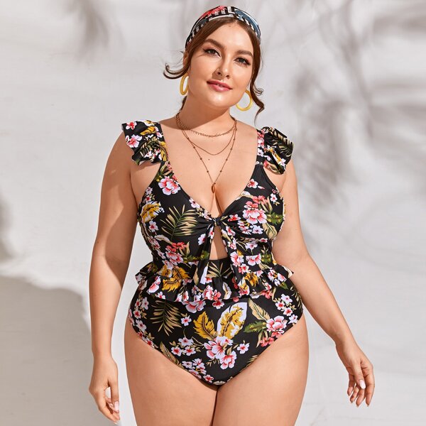 

Plus Floral Knot Front Ruffle One Piece Swimsuit, Multicolor