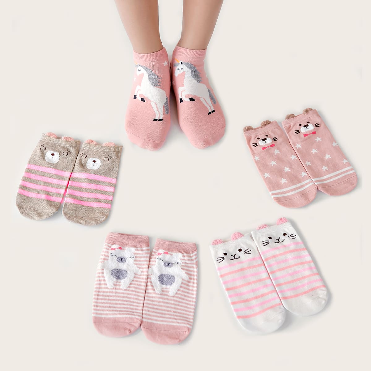 

5pairs Cartoon Cat Graphic Socks, Pink