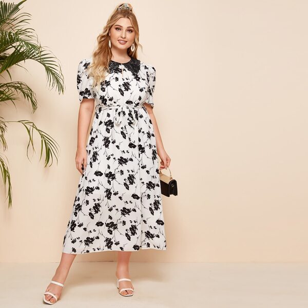 

Plus Belted Floral Print Lace Collar Dress, White