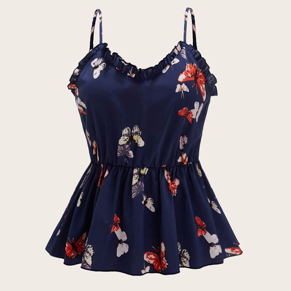 

Plus Butterfly Print Frill Trim Peplum Cami Top, Navy blue