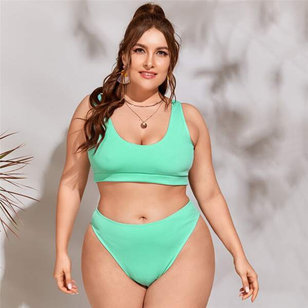 

Plus Rib High Waisted Bikini Swimsuit, Bright mint green