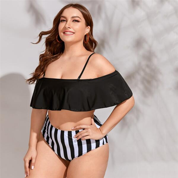 

Plus Striped Flounce Bikini Swimsuit, Black and white