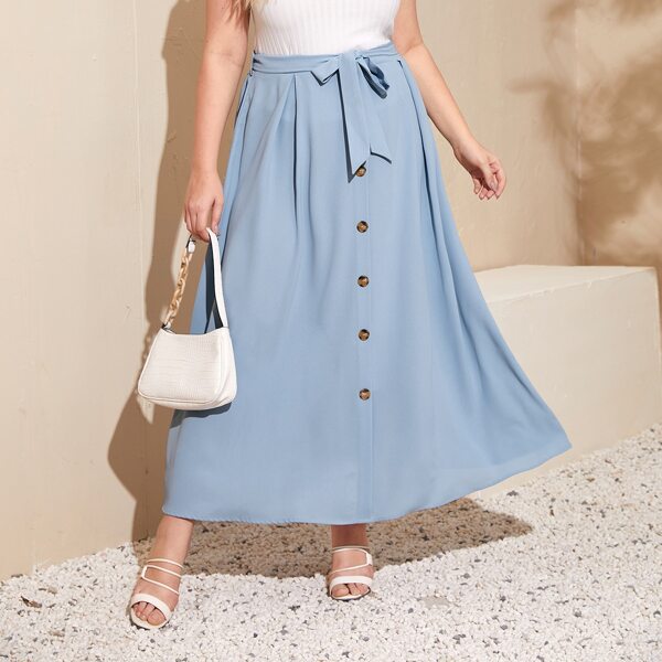 

Plus Button Front Belted Skirt, Pastel baby blue