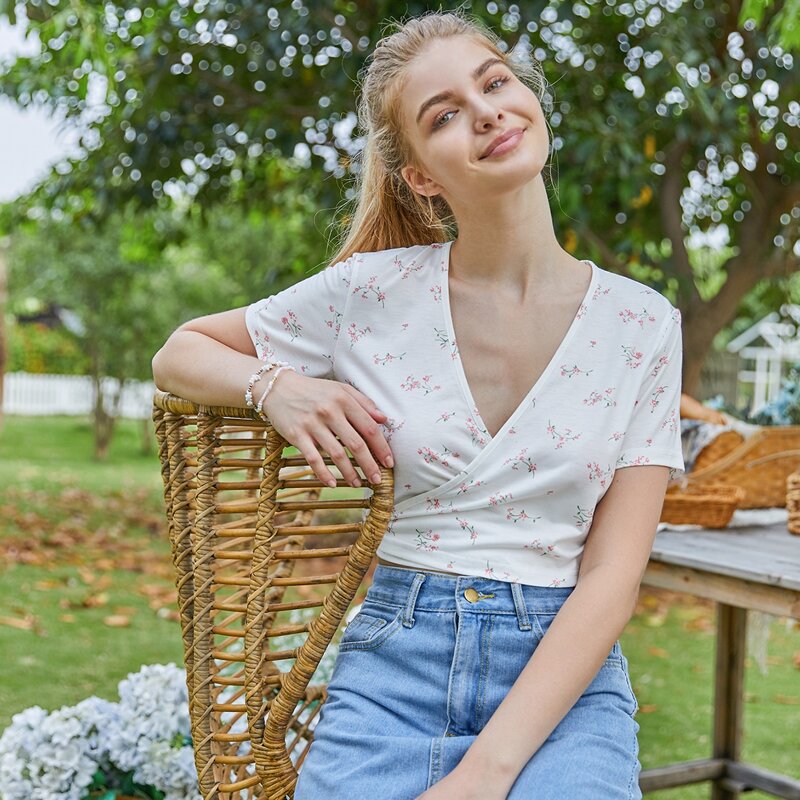 

Floral Wrap Crop Top, White