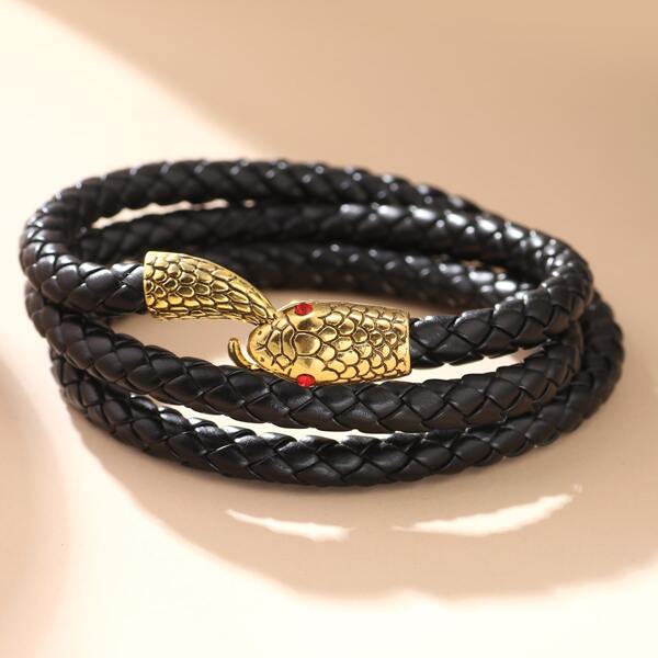 

Men Snake Design Braided Bracelet, Black