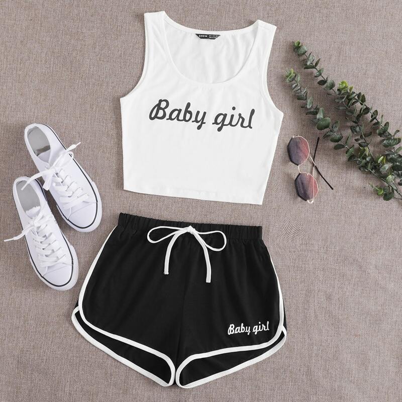 

Letter Graphic Tank Top & Dolphin Shorts Set, Black and white