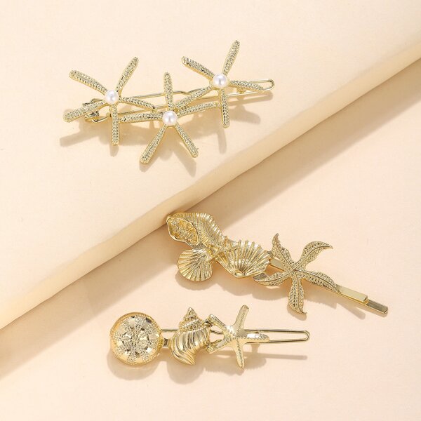 

3pcs Shell Decor Hair Clip, Gold