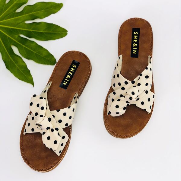 

Bow Decor Polka Dot Cross Strap Slippers, Beige