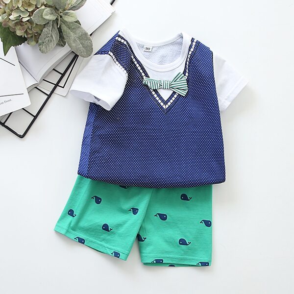 

Toddler Boys Polka Dot Bow Front Tee & Cartoon Graphic Shorts, Multicolor
