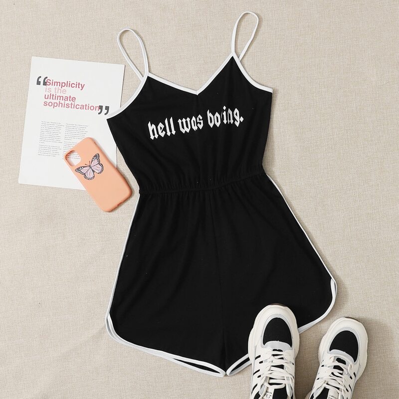 

Slogan Graphic Contrast Binding Cami Romper, Black