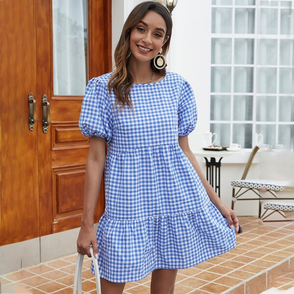 

Gingham Puff Sleeve Ruffle Hem Dress, Baby blue