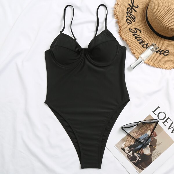 

Underwire High leg One Piece Swimsuit, Black