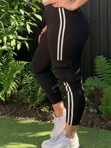 SHEIN EZwear Plus Flap Pocket Contrast Striped Tape Trousers - Black - View 1