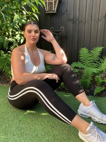 SHEIN EZwear Plus Flap Pocket Contrast Striped Tape Trousers - Black - View 3