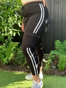 SHEIN EZwear Plus Flap Pocket Contrast Striped Tape Trousers - Black - View 4