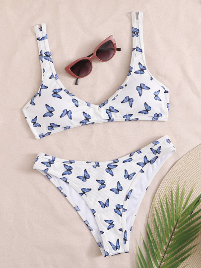 Butterfly Print Rib Bikini Swimsuit