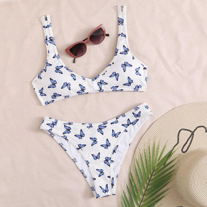 

Butterfly Print Rib Bikini Swimsuit, White