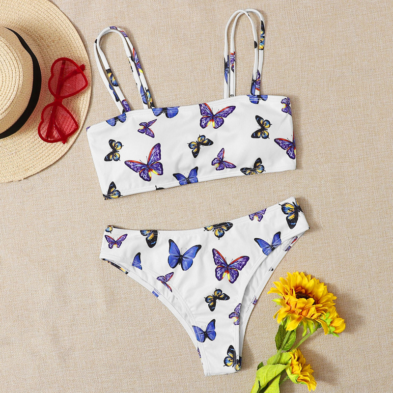

Butterfly Print Rib Bikini Swimsuit, White