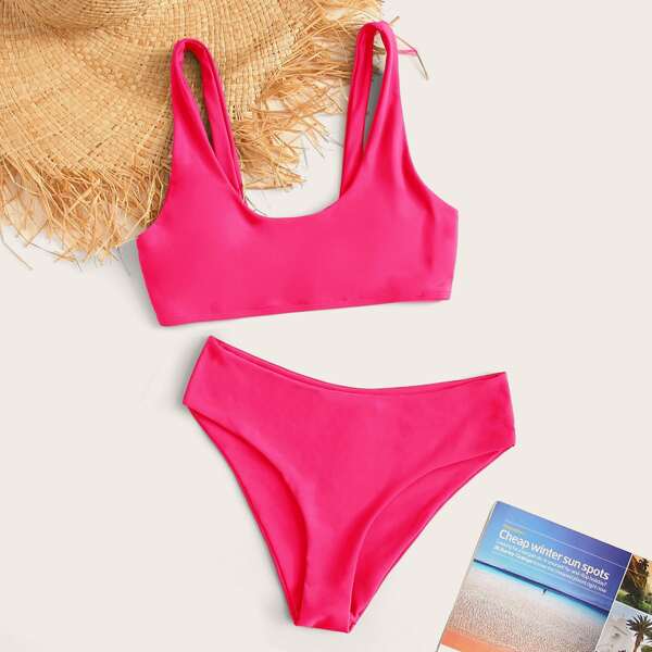 

Plain Scoop Neck Bikini Swimsuit, Hot pink bright