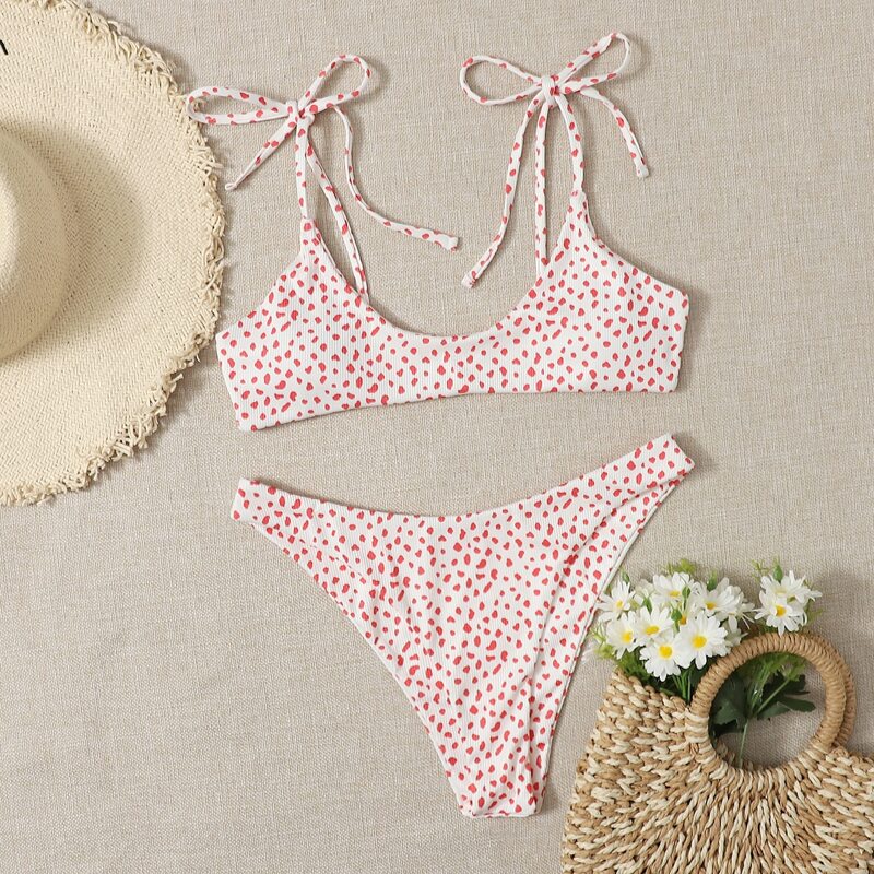 

Dalmatian Rib Tie Shoulder Bikini Swimsuit, Red and white