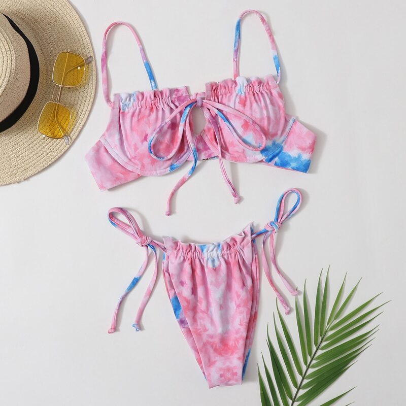 

Tie Dye Underwire Tie Side Bikini Swimsuit, Baby pink