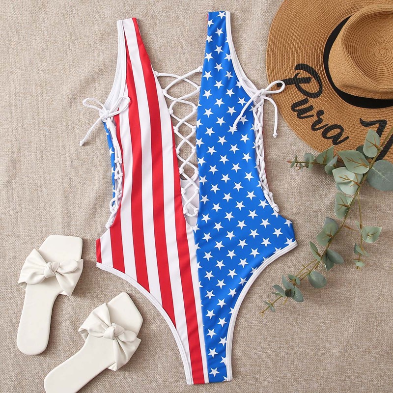 

American Flag Print Lace-up One Piece Swimsuit, Multicolor
