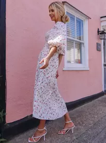 SHEIN 燈籠袖打褶細節小碎花連衣裙 - 白色 - 查看 3