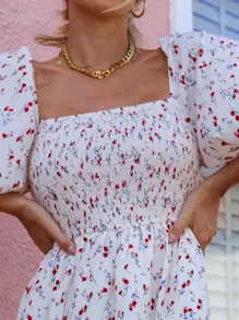 SHEIN 燈籠袖打褶細節小碎花連衣裙 - 白色 - 查看 5