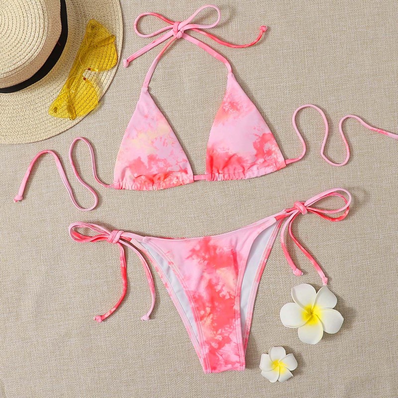 

Tie Dye Triangle Tie Side Bikini Swimsuit, Baby pink