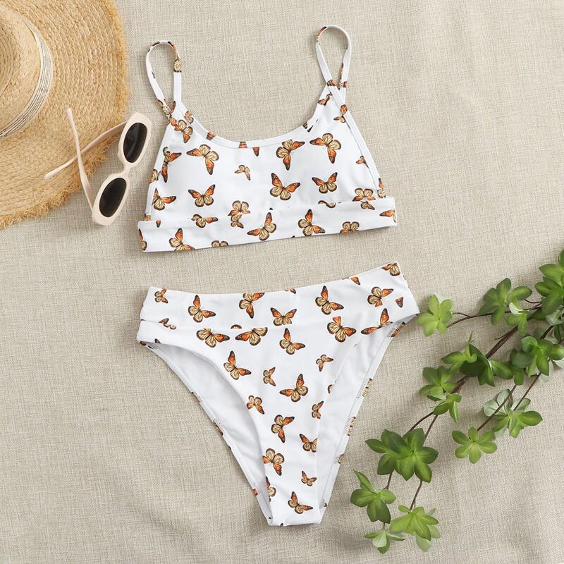 

Butterfly Print High Waisted Bikini Swimsuit, White