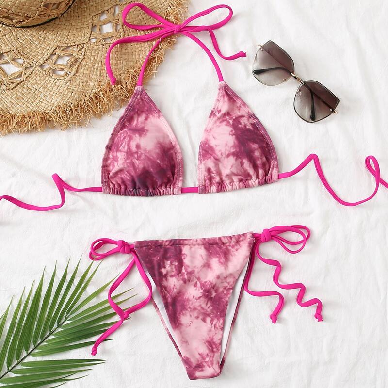 

Tie Dye Triangle Tie Side Bikini Swimsuit, Dusty pink