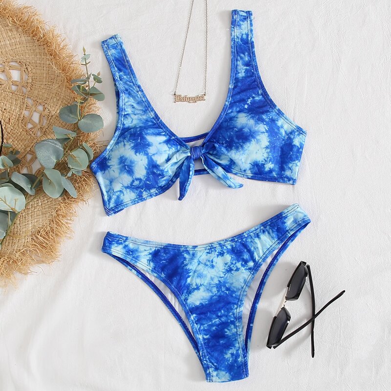 

Tie Dye Rib Knot Front Bikini Swimsuit, Blue