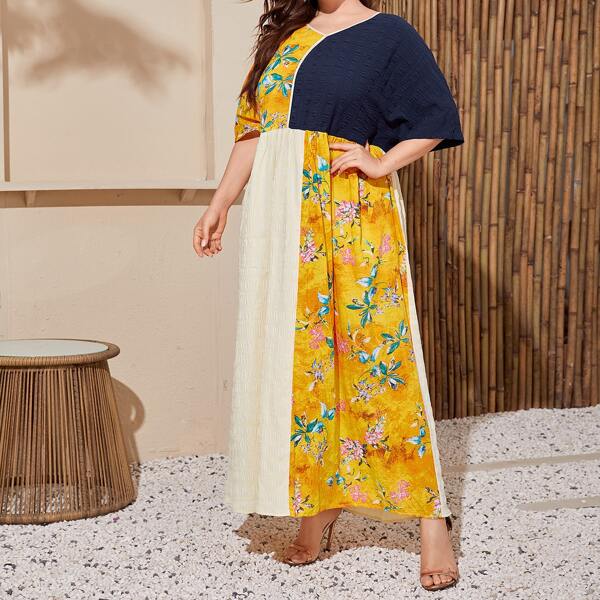 

Plus V-neck Batwing Sleeve Patchwork Dress, Multicolor
