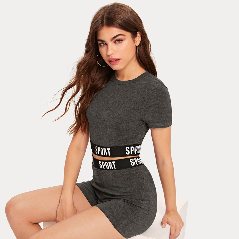 

Letter Tape Crop Top & Shorts Set, Grey