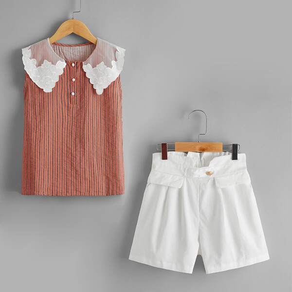 

Girls Striped Peter Pan Collar Blouse & Paperbag Waist Shorts, Multicolor