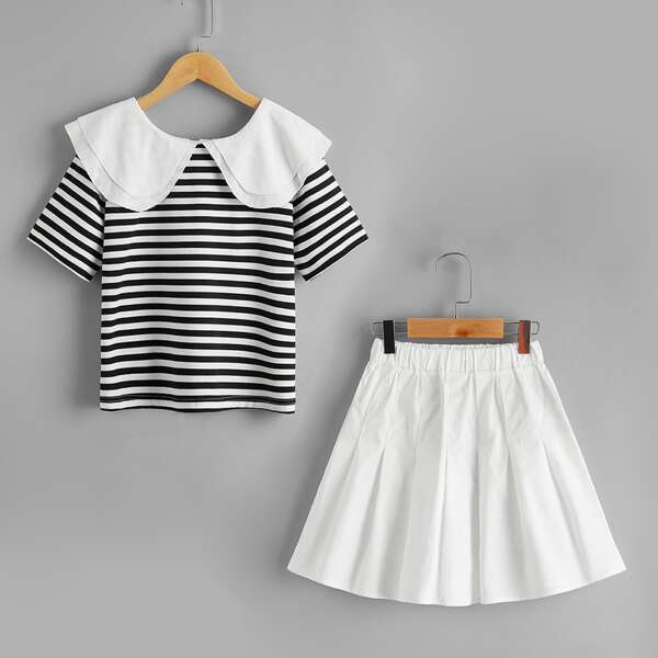 

Girls Peter Pan Collar Striped Tee & Pleated Skirt, Black and white