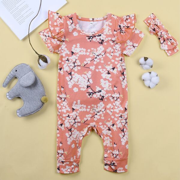 

Baby Girl Ditsy Floral Print Ruffle Jumpsuit & Headband, Coral pink